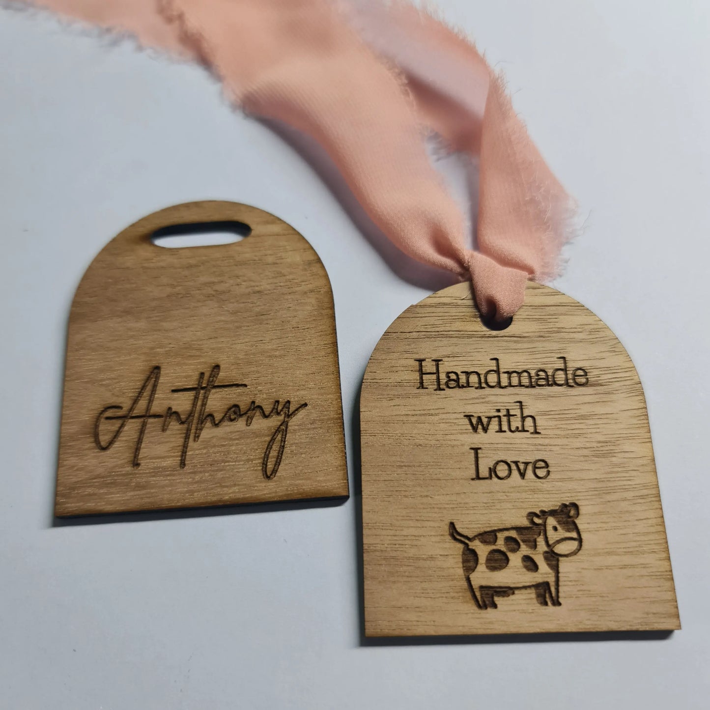 Walnut timber arched product & name swing tags