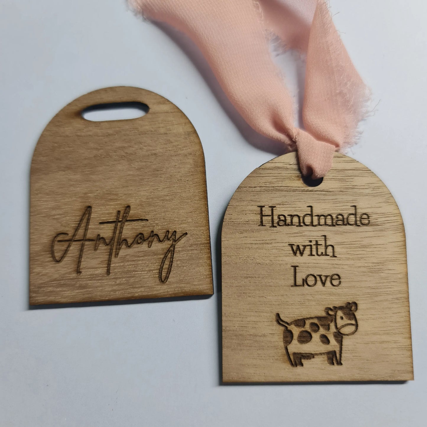 Walnut timber arched product and tame swing tags