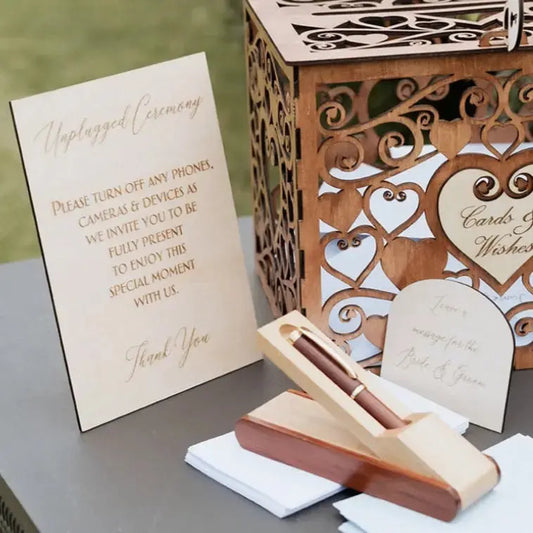 Unplugged ceremony. Laser etched signage for wedding table