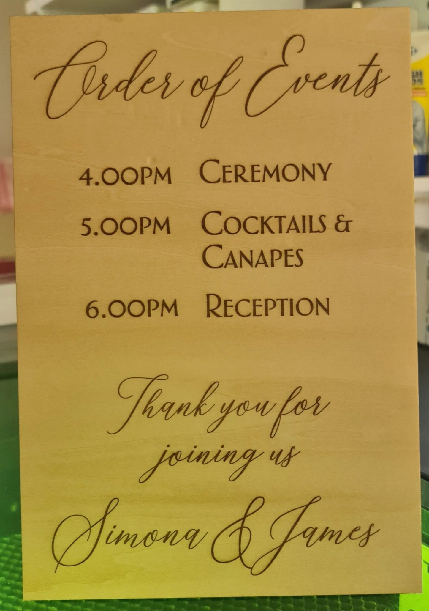 Order of Events signage - Laser etched on timber