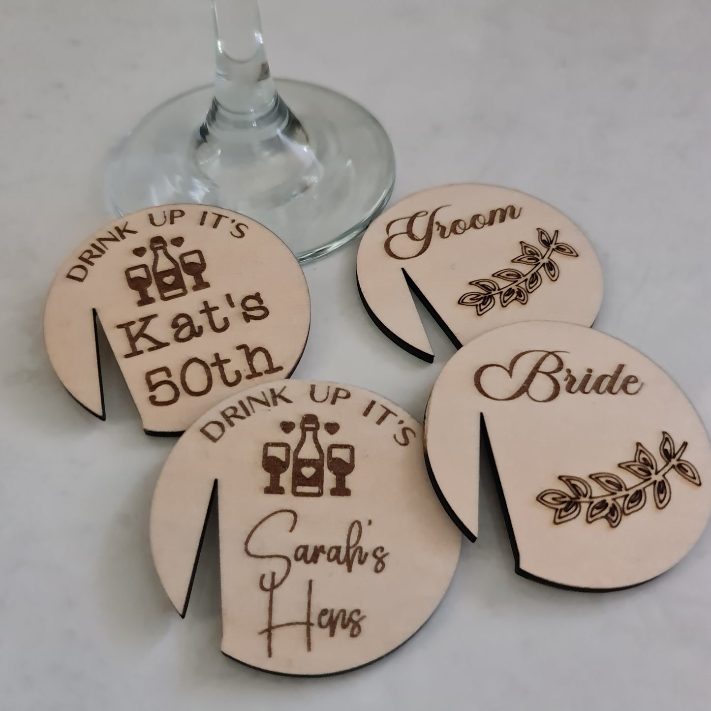 Wine Glass Name Tag - Personalised - Laser etched on timber
