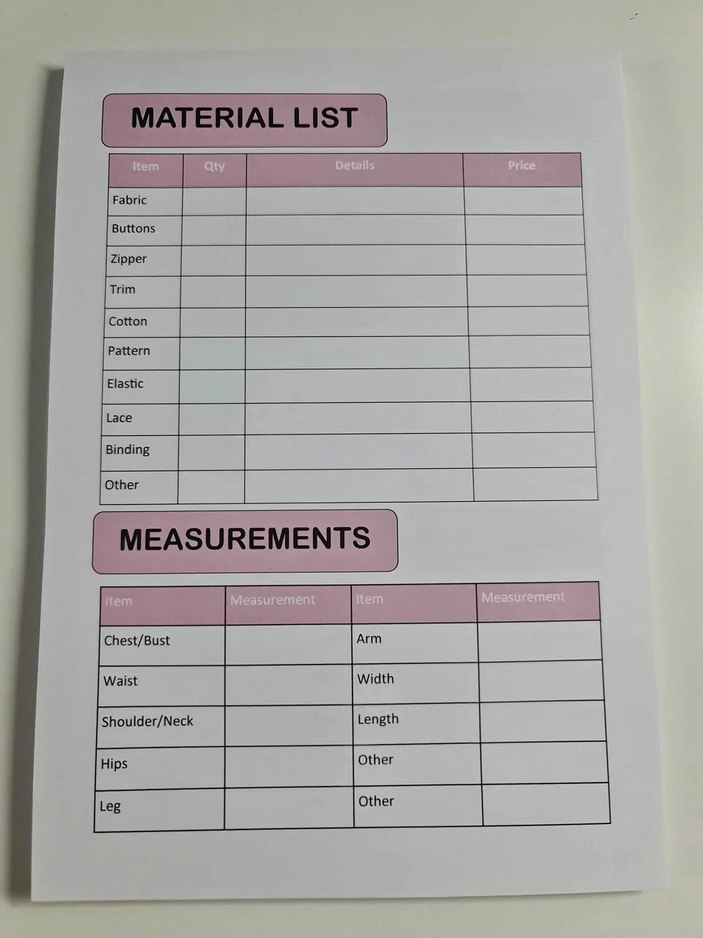 Sewers Notepad - Materials & Measurements A5 size Paper Love Card