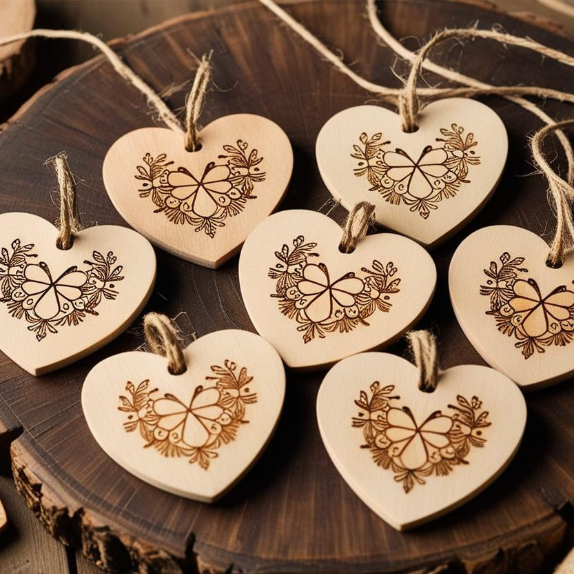 Heart shaped laser cut and etched swing tag
