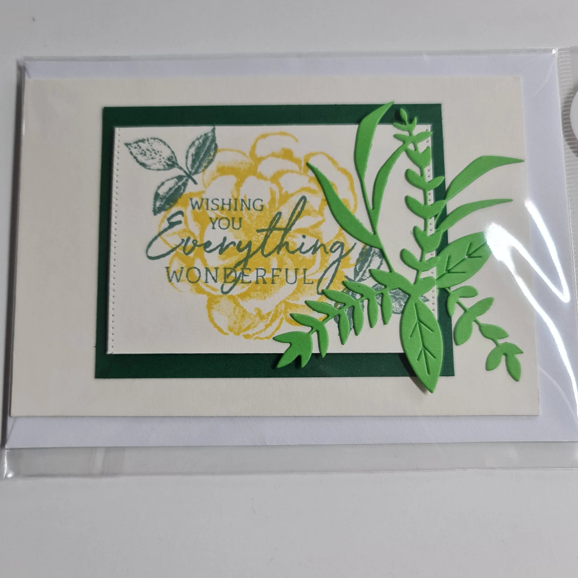 Ivory A6 card with green panel and leaves - Wishing you everything wonderful Paper Love Cards