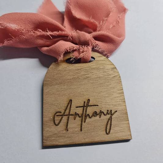 Walnut timber arched swing tag