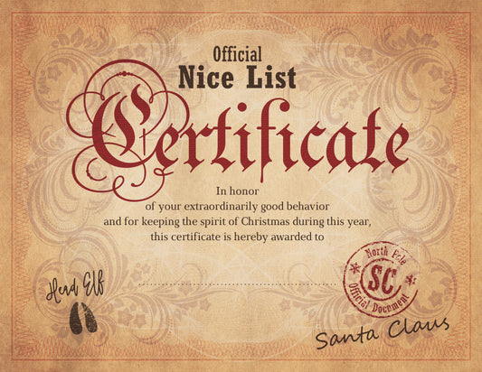 'Nice' Certificate from Santa - Printed and Delivered