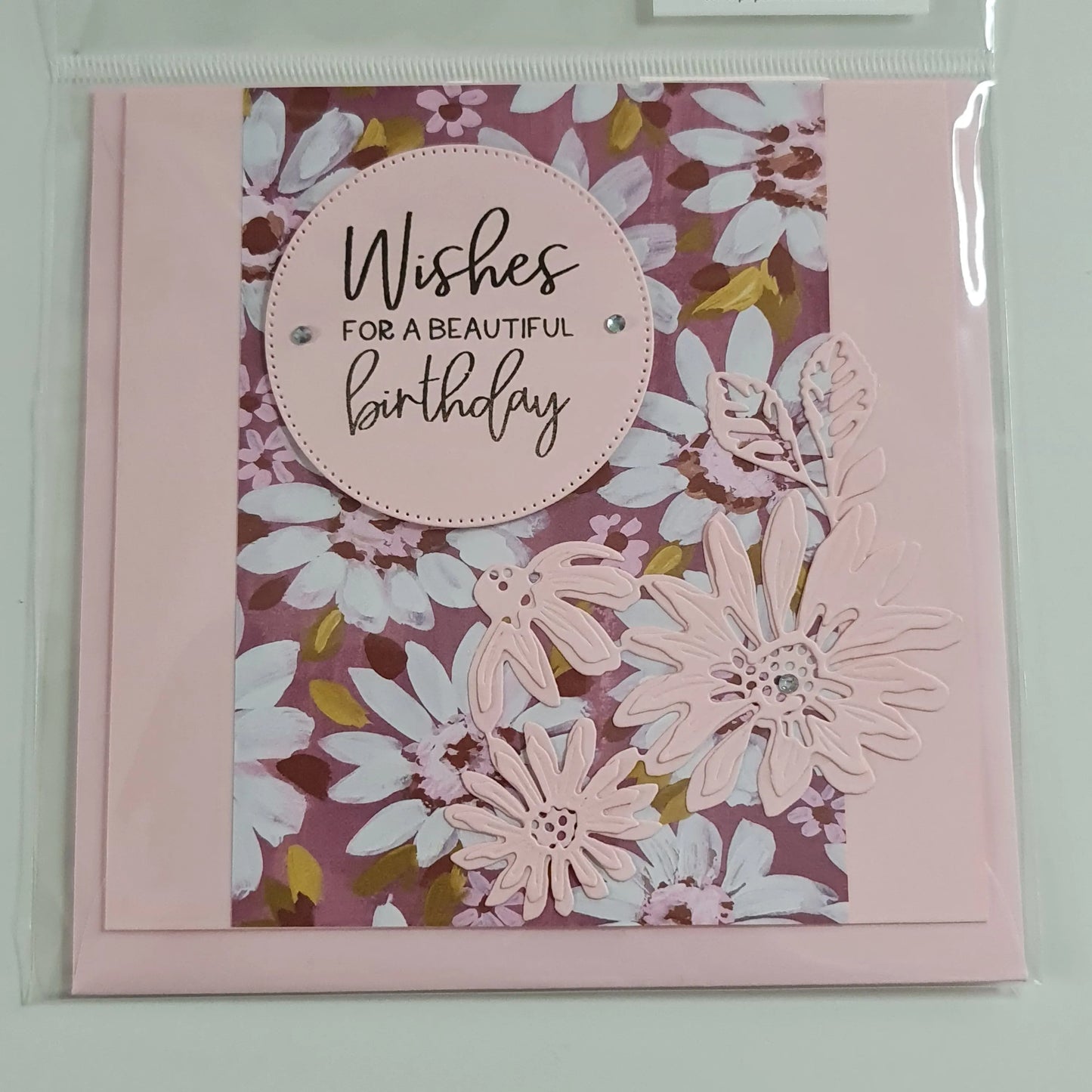 Pink Card with daisies and pink die-cut flowers - green Happy Birthday sentiment Paper Love Cards