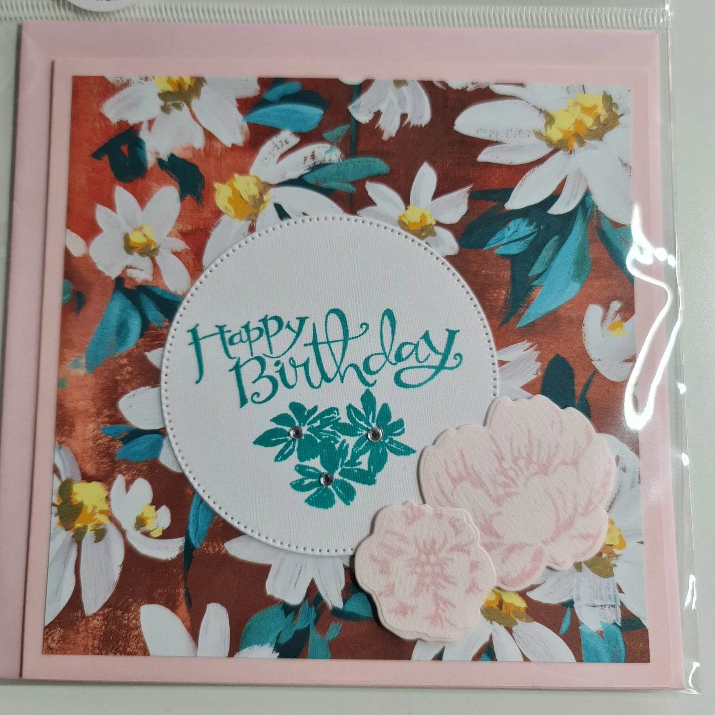 Pink Floral with diecut flowers and green Happy Birthday Paper Love Cards