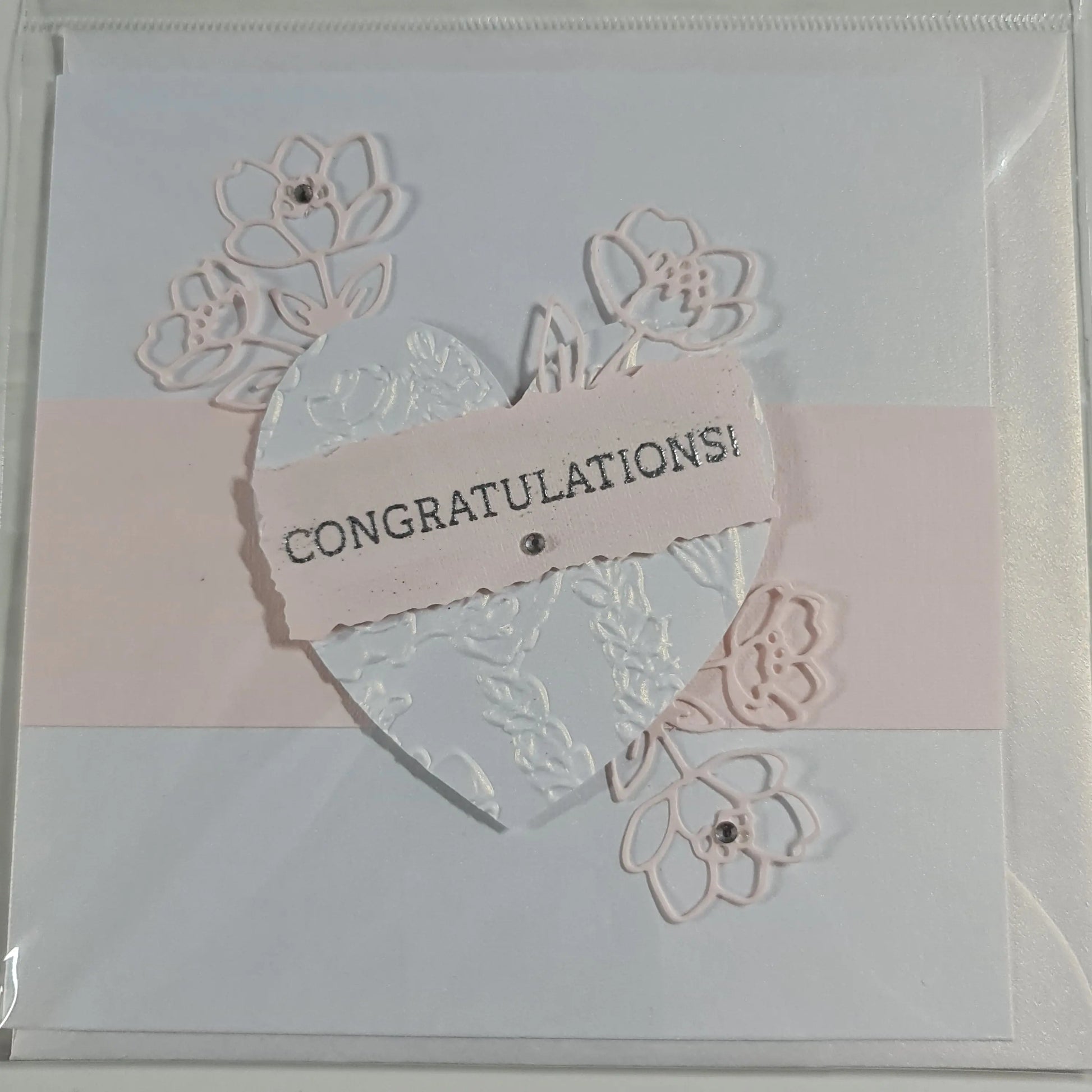 Pink & White Shimmer Card - Embossed Heart Paper Love Cards