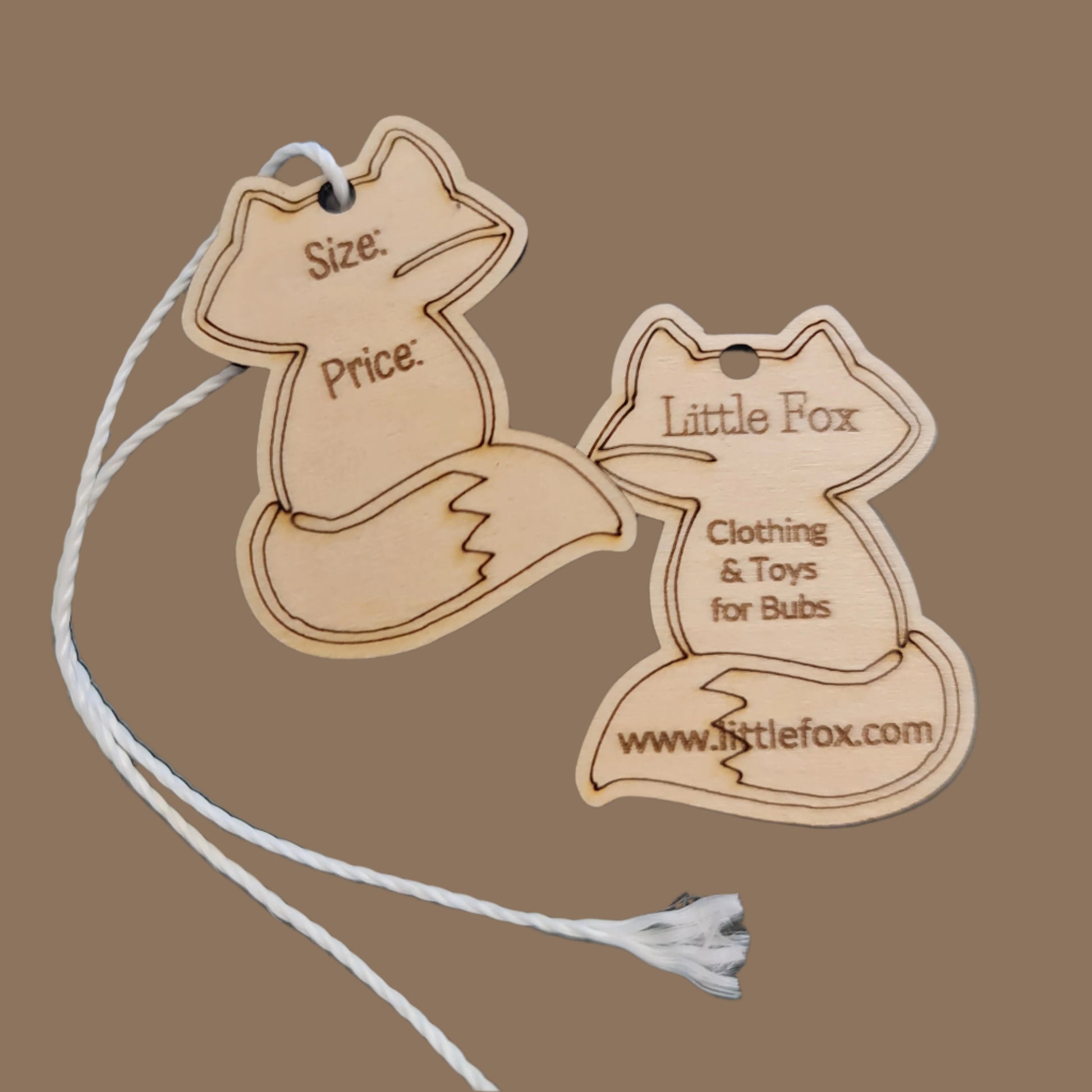 Custom shape swing tag - laser cut and etched - fox design