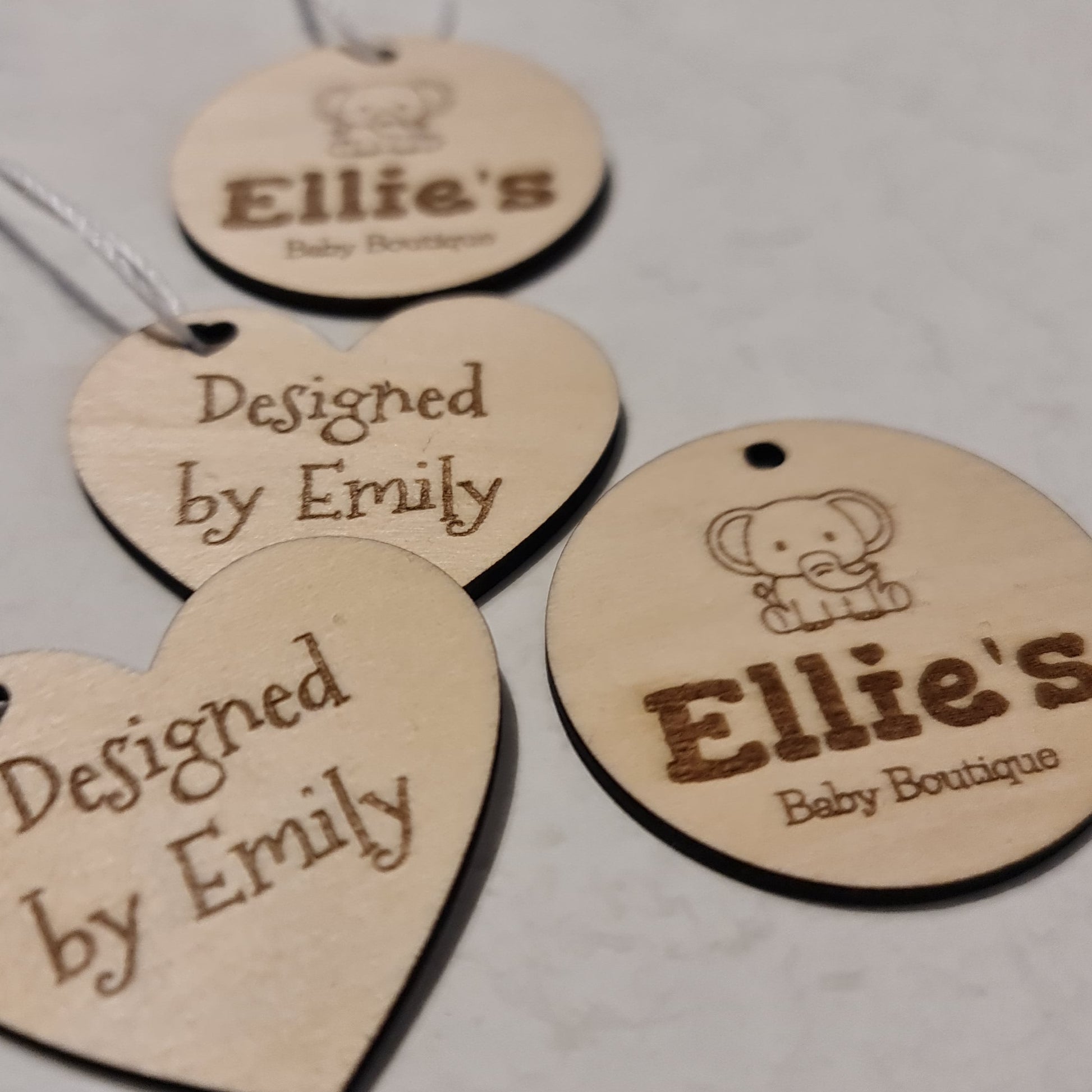Timber swing tag with logo and business name - laser cut and etched