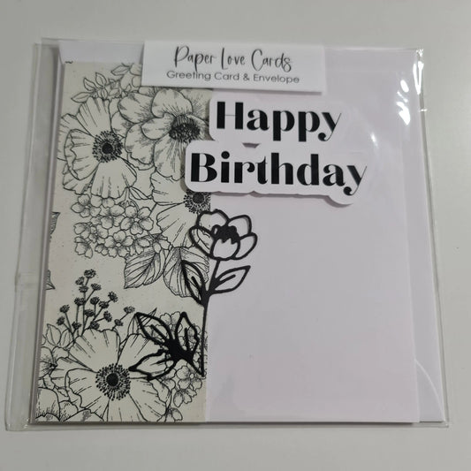 Black White and Floral with Gold accent - Happy Birthday Card Paper Love Cards
