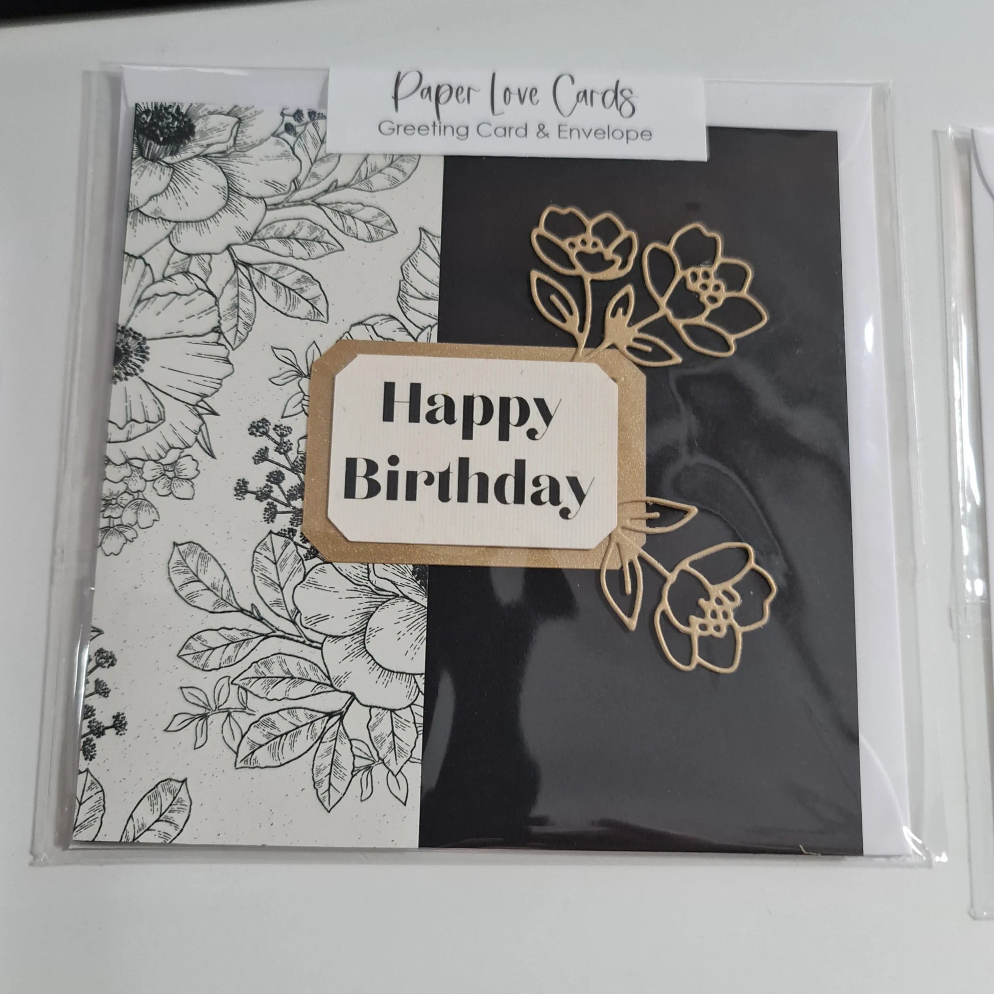 Black White and Floral with Gold accent - Happy Birthday Card Paper Love Cards