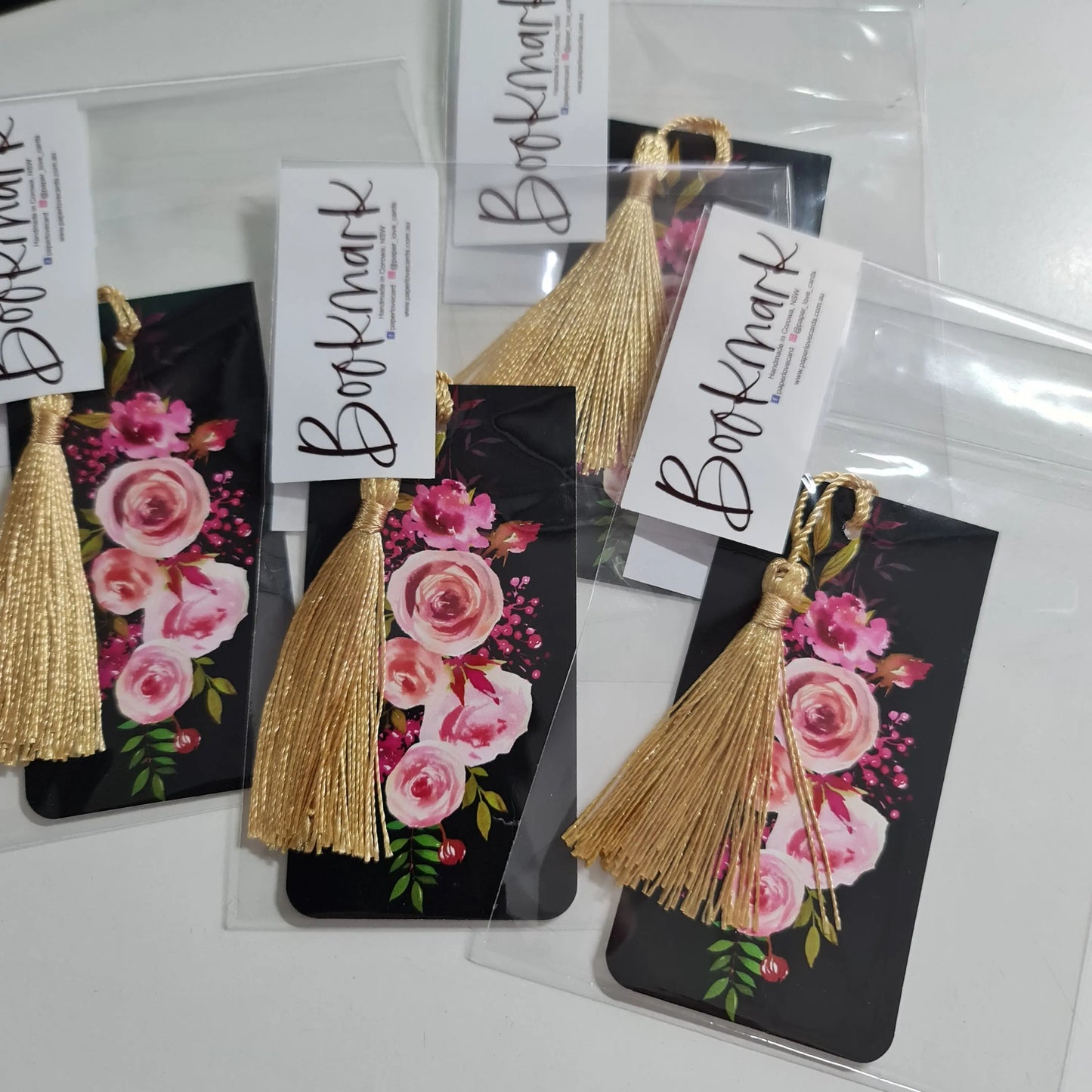 Bookmark - Black 10cm card with floral pattern and gold tassel Paper Love Cards