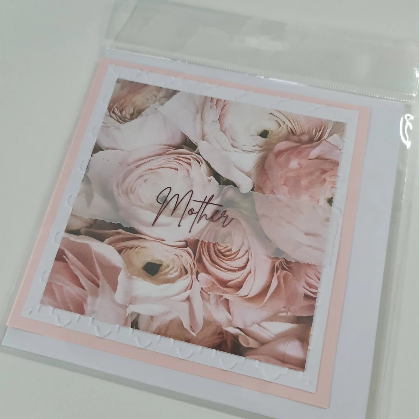 Mother Card - Pink with white embossing, peonies and pink foil Paper Love Cards