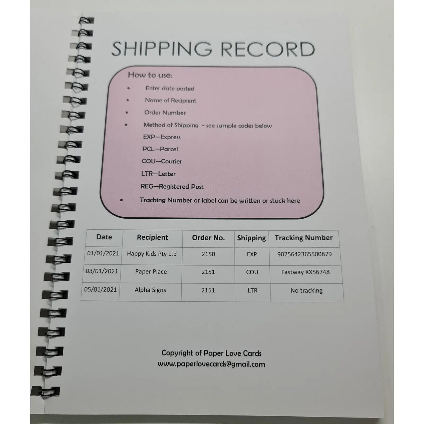 Shipping Register - 760 entries Paper Love Cards