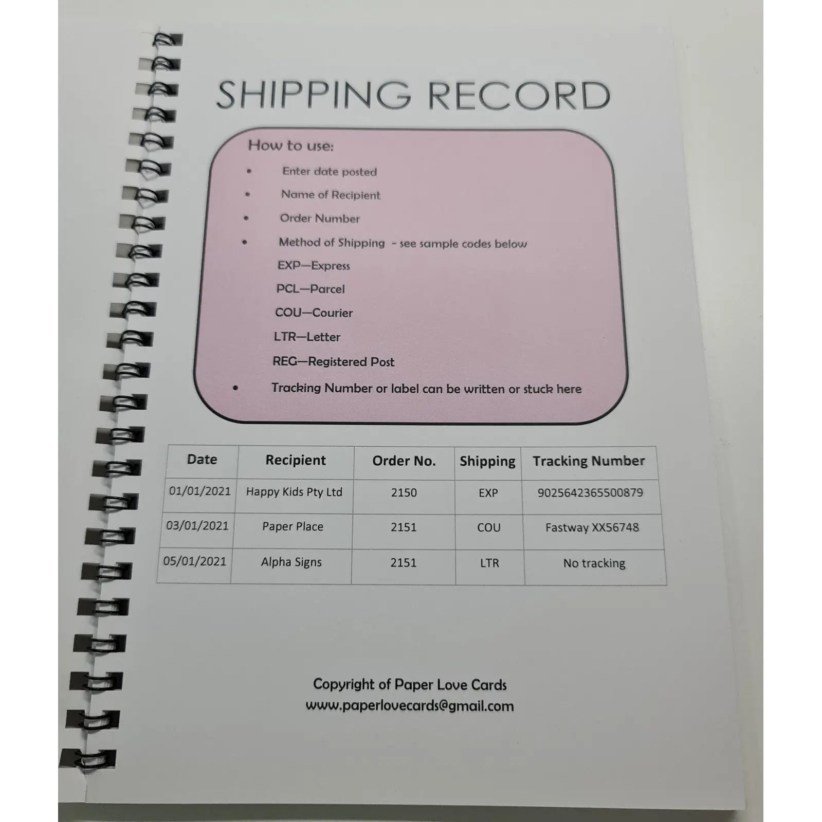 Shipping Register - 760 entries Paper Love Cards